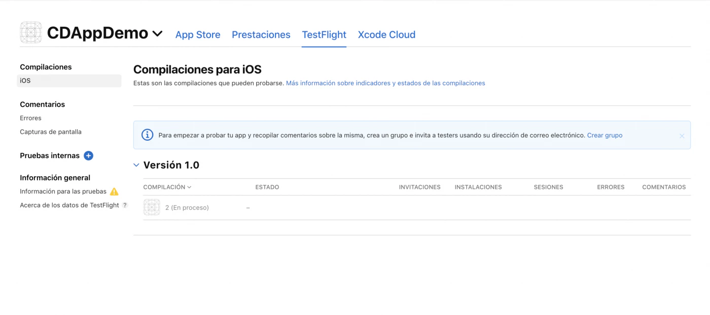 Tableau de bord Testflight